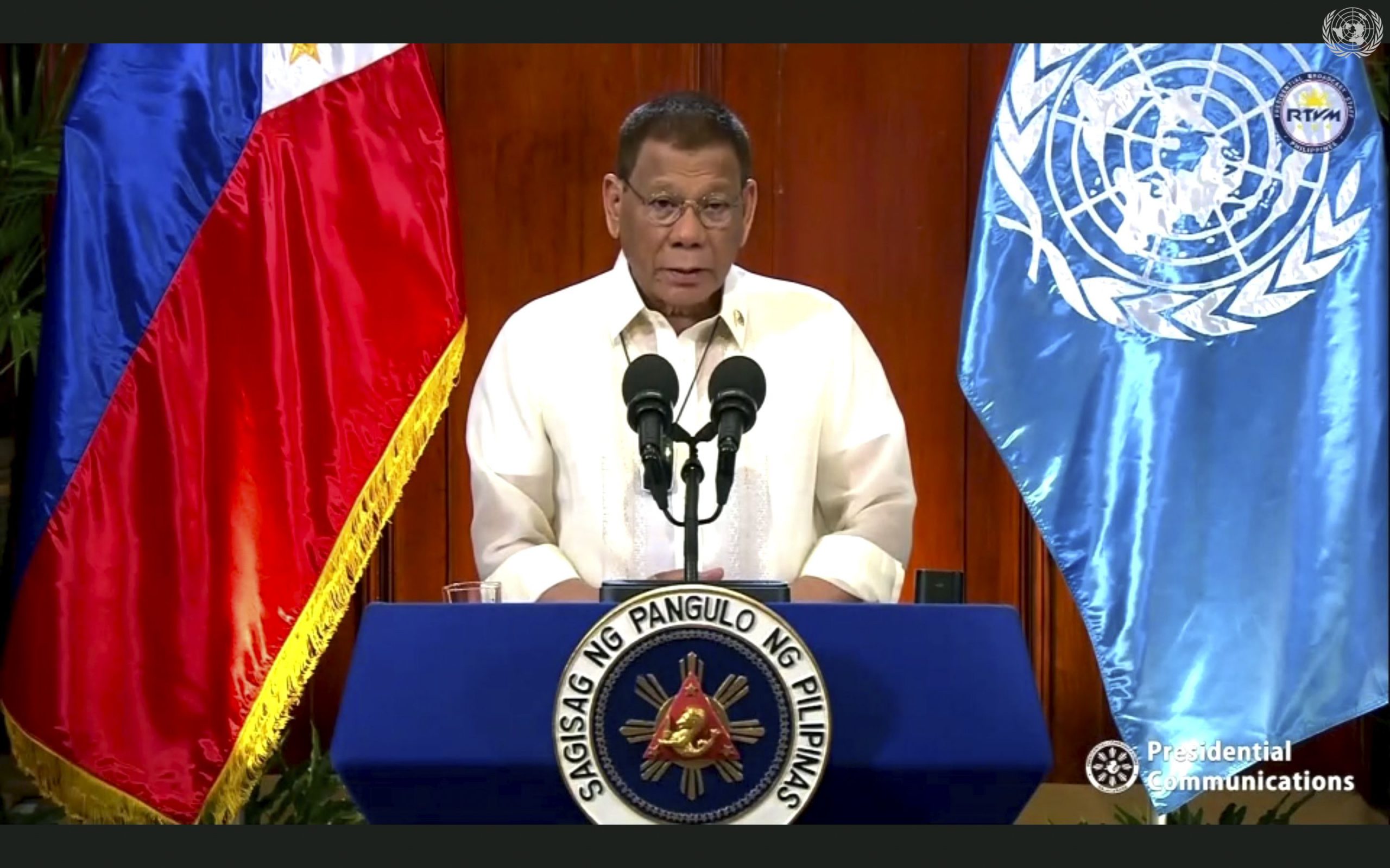 In this image made from UNTV video, Rodrigo Roa Duterte, president of the Philippines, speaks in a pre-recorded message which was played during the 75th session of the United Nations General Assembly, Tuesday, Sept. 22, 2020, at UN headquarters. The U.N.'s first virtual meeting of world leaders started Tuesday with pre-recorded speeches from some of the planet's biggest powers, kept at home by the coronavirus pandemic that will likely be a dominant theme at their video gathering this year. (UNTV via AP)